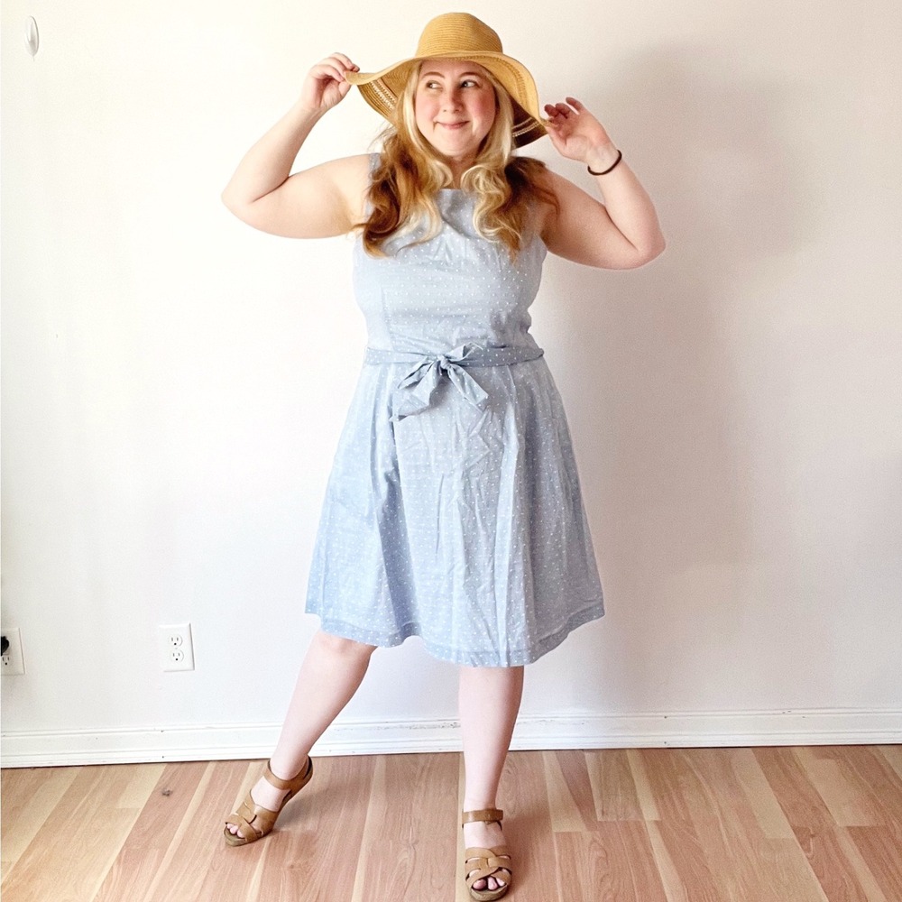 Anne Klein Dress Light Blue Clip Dot Sleeveless Belted Fit and Flare Pockets 14